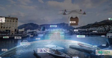 Şehir manzarası üzerinde medya simgeleri ve İHA resimleri. küresel iş ve dijital arayüz kavramı dijital olarak oluşturulmuş görüntü.