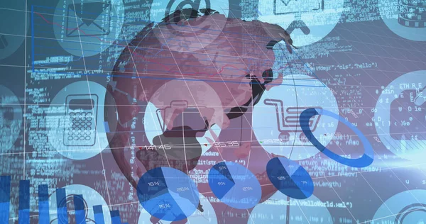 Afbeelding Van Grafieken Roterende Globe Technologie Pictogrammen Gegevensverwerking Mondiaal Financieel — Stockfoto