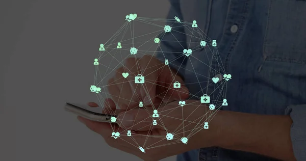 Image of network of connections with icons over men using smartphone. global connections, business, digital interface, technology and networking concept digitally generated image.