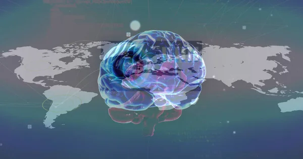 Image of brain rotating over world map and screens with diverse data. global connections, human mind, technology and digital interface concept digitally generated image.