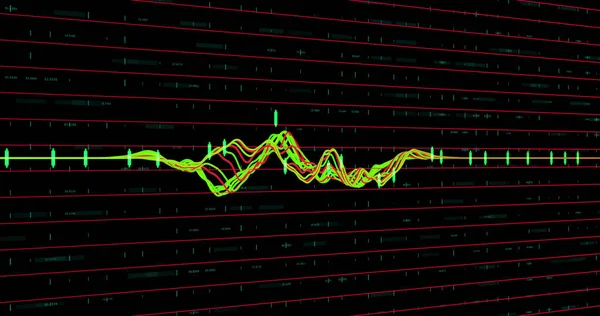 Image of red and green lines data processing over grid. global business, finance and data processing concept digitally generated image.