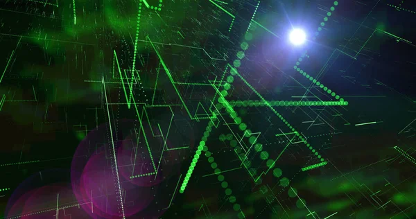 Image Network Glowing Green Lights Moving Black Background Communication Network — Stockfoto