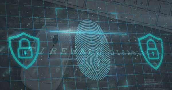 Image of warning data processing, online security biometric fingerprint. global online security, computing, data processing and technology concept digitally generated image.