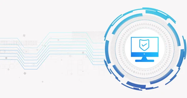 Image of network of connections and computer with shield on white background. cyber security and digital interface concept digitally generated image.