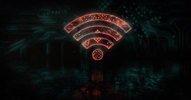 Mavi işlemci soketinin üzerinde parlayan turuncu kablosuz ikon animasyonu. Küresel bilim, bağlantılar, veri işleme ve dijital arayüz kavramı dijital olarak oluşturulmuş video.