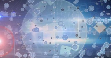 Mavi arka planda veri işleme ve simgelerin canlandırılması. Küresel bilim, bağlantılar, veri işleme ve dijital arayüz kavramı dijital olarak oluşturulmuş video.