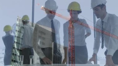 Beyaz iş adamlarının konuştuğu şehir manzarası animasyonu. Küresel iş ve dijital arayüz kavramı dijital olarak oluşturulmuş video.