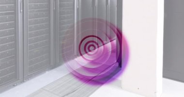 Sunucuların üzerinde hareket eden renkli dairelerin animasyonu. Küresel ağ, veri işleme, dijital iletişim ve teknoloji konsepti dijital olarak oluşturulmuş video.