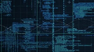 DNA yapısının dijital animasyonu mavi arka planda veri işleme üzerinde dönüyor. Tıbbi araştırma ve bilim teknolojisi kavramı