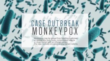 Beyaz zemin üzerinde maymun çiçeği metni ve bakteri hücrelerinin animasyonu. Küresel salgın, maymun çiçeği ve dijital arayüz konsepti dijital olarak oluşturulmuş video.