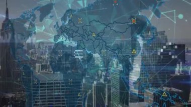 Dünya haritası ve şehir haritası üzerindeki bağlantı ağının animasyonu. Küresel finansmanlar, bağlantılar ve dijital arayüz konsepti dijital olarak oluşturulmuş video.
