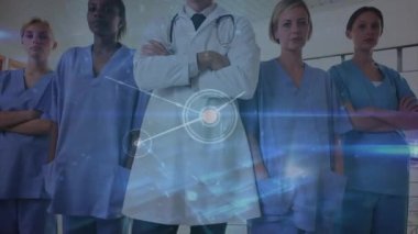 Çeşitli kadın ve erkek doktorlar arasındaki bağlantı ağının animasyonu. Sağlık, tıp, ağ, bağlantılar ve teknoloji konsepti dijital olarak oluşturulmuş video.