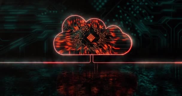 Анімація Сяючої Піктограми Помаранчевої Хмари Над Синім Гніздом Процесора Глобальна — стокове відео
