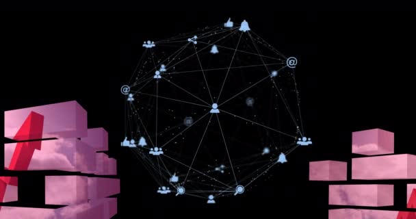 Анимация Сети Медиаиконов Розовыми Блоками Стрелкой Вверх Черному Глобальная Концепция — стоковое видео