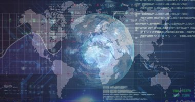 Dünyanın görüntüsü, dünya haritasında veri işleme. küresel iş, finans, bağlantılar ve dijital olarak oluşturulmuş görüntü veri işleme kavramı.