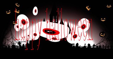 Gözler, yarasalar ve cadılar bayramı perili evi. Korku, korku, cadılar bayramı geleneği ve dijital olarak üretilen görüntü konsepti.