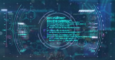 Veri işleme üzerinde tarama ve virüs hücresi görüntüsü. küresel iş, finans, bağlantılar ve dijital arayüz konsepti dijital olarak oluşturulmuş görüntü.