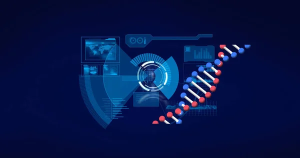 Image of digital interface with data processing and spinning dna strand over dark background. global connections, digital interface, technology and networking concept digitally generated image.