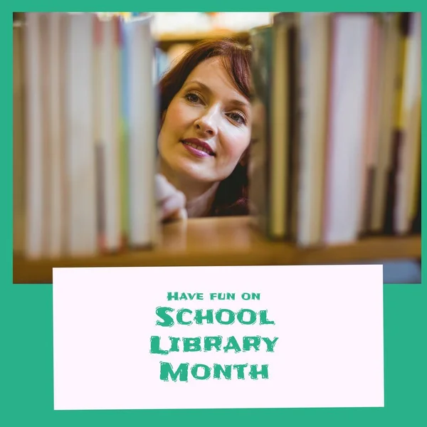 Young caucasian woman searching books on shelf, have fun on school library month text. Coy space, digital composite, celebration, encouraging children\'s learning, development and academic endeavour.