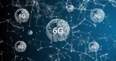 Dönen kürelerin, bağlantıların ve donanma arka planında 6G 'nin animasyonu. Ağ, bağlantılar, iletişim ve teknoloji konsepti dijital olarak oluşturulmuş video.