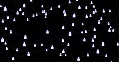 Siyah arkaplandaki simgelerle bağlantı ağının animasyonu. Küresel teknoloji, bilgisayar ve dijital arayüz kavramı dijital olarak oluşturulmuş video.