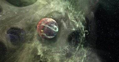 Sarı galaksideki kahverengi gezegenin animasyonu. Astronomi, kozmos, evren ve uzay keşfi konsepti dijital olarak oluşturulmuş video.