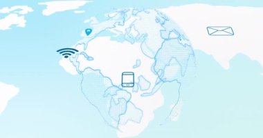 Açık mavi arkaplanda yer işaretleri ve teknik simgelerle dünya haritasının animasyonu. Dijital olarak oluşturulmuş küresel ağ, bağlantılar, iletişim ve teknoloji konsepti.