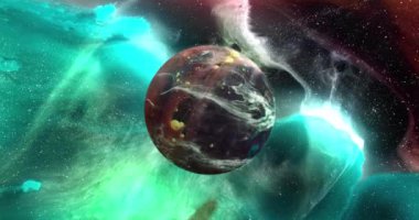 Yeşil galaksideki kahverengi gezegenin animasyonu. Astronomi, kozmos, evren ve uzay keşfi konsepti dijital olarak oluşturulmuş video.