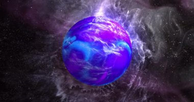 Mor galaksideki mavi gezegenin animasyonu. Astronomi, kozmos, evren ve uzay keşfi konsepti dijital olarak oluşturulmuş video.