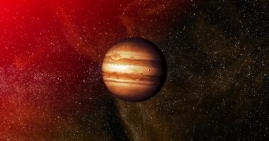 Kırmızı galaksideki turuncu gezegenin animasyonu. Astronomi, kozmos, evren ve uzay keşfi konsepti dijital olarak oluşturulmuş video.