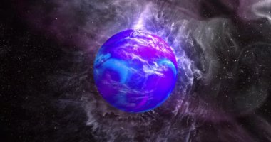 Mor galaksideki mavi gezegenin animasyonu. Astronomi, kozmos, evren ve uzay keşfi konsepti dijital olarak oluşturulmuş video.