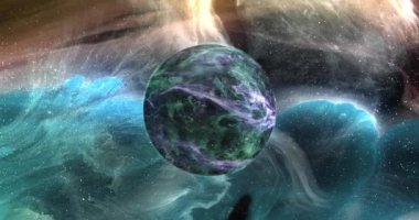 Mavi ve sarı galaksideki yeşil gezegenin animasyonu. Astronomi, kozmos, evren ve uzay keşfi konsepti dijital olarak oluşturulmuş video.
