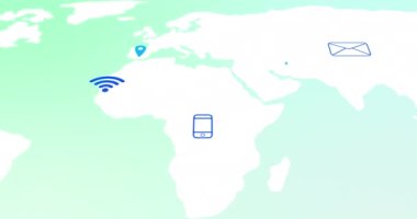 Yeşil arka planda yer işaretleri ve teknik simgelerle dünya haritasının animasyonu. Dijital olarak oluşturulmuş küresel ağ, bağlantılar, iletişim ve teknoloji konsepti.