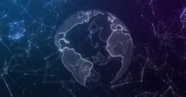 Donanma arkaplanındaki dünya ve bağlantıların animasyonu. Dijital olarak oluşturulmuş küresel ağ, bağlantılar, iletişim ve teknoloji konsepti.