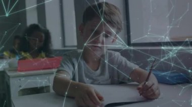 Okul çocuğu yazıları üzerinden bağlantı ağının animasyonu. Küresel eğitim dijital arayüz ve bağlantılar dijital olarak oluşturulmuş video konsepti.