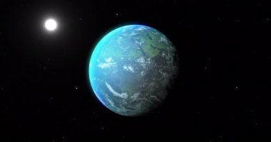 Mavi gezegen ve siyah uzayda güneşin animasyonu. Astronomi, kozmos, evren ve uzay keşfi konsepti dijital olarak oluşturulmuş video.