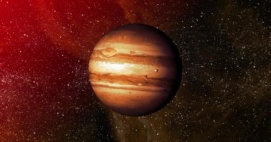 Kırmızı galaksideki turuncu gezegenin animasyonu. Astronomi, kozmos, evren ve uzay keşfi konsepti dijital olarak oluşturulmuş video.