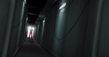 Karanlık koridorda duran insan siluetinin animasyonu. Korku, korku, cadılar bayramı ve bilgisayar oyunları konsepti dijital olarak oluşturulmuş.