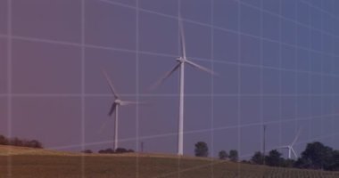 Rüzgar türbini üzerinde finansal veri işleme animasyonu. Küresel iklim değişikliği sürdürülebilirliği ve rüzgar enerjisi konsepti dijital olarak oluşturulmuş video.