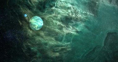 Yeşil galaksideki yeşil gezegenin animasyonu. Astronomi, kozmos, evren ve uzay keşfi konsepti dijital olarak oluşturulmuş video.