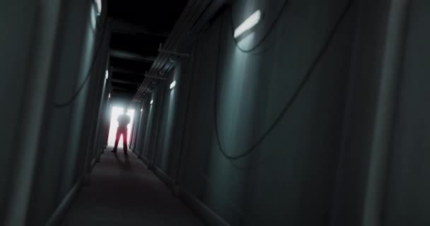 暗い廊下に立つ男のシルエットのアニメーション ホラー ハロウィン コンピュータゲームのコンセプトはデジタルで生成されたビデオ — ストック動画