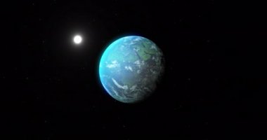 Mavi gezegen ve siyah uzayda güneşin animasyonu. Astronomi, kozmos, evren ve uzay keşfi konsepti dijital olarak oluşturulmuş video.