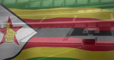 Spor stadyumunda bayrak sallayan Zimbabwe animasyonu. Spor, rekabet, eğlence ve teknoloji konsepti dijital olarak oluşturulmuş video.