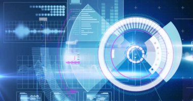 Animation of scope scanning and data processing over grid and screens. global computing and data processing concept digitally generated video.