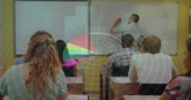 Statistical data processing against caucasian male teacher teaching students in a class at college. college, education and technology concept
