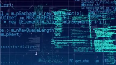 Mavi arkaplan ile ağ üzerinden veri işleme dijital animasyonu. bilgisayar arayüzü ve teknoloji kavramı