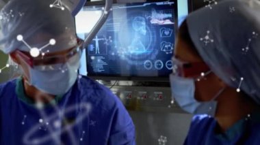 Animation of molecules over diverse surgeons operating. global medicine, science and data processing concept digitally generated video.