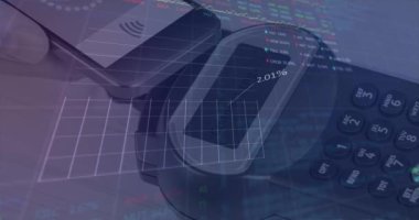 Animation of graphs over smartphone and payment terminal. Wireless payments, finance, trade and technology concept digitally generated video.