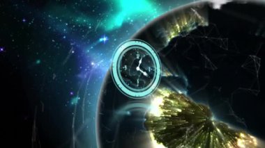 Animation of clock moving over globe. global business, finances, connections and digital interface concept digitally generated video.
