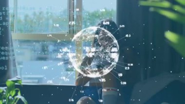 Animation of globe and data processing over caucasian woman using smartphone. global technology, connection, digital interface and data processing concept digitally generated video.